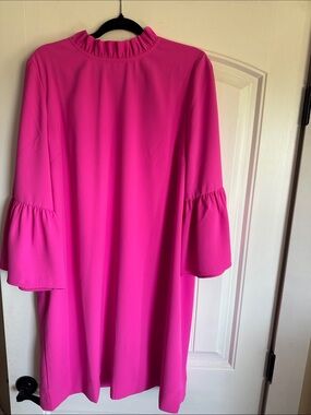 J. Crew Hot Pink Ruffle Neck Bell Sleeve Dress